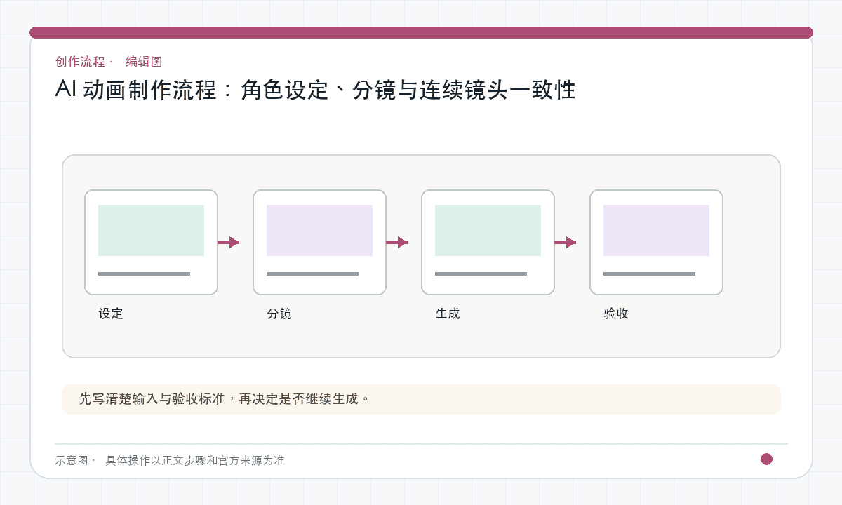 AI 动画制作流程：角色设定、分镜与连续镜头一致性｜文章配图，按正文步骤绘制的编辑图