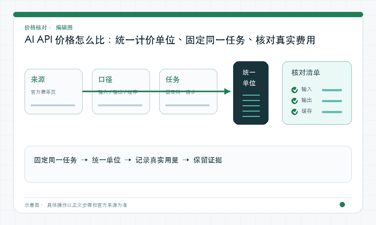 AI API 价格怎么比：统一计价单位、固定同一任务、核对真实费用｜文章配图，按正文步骤绘制的编辑图