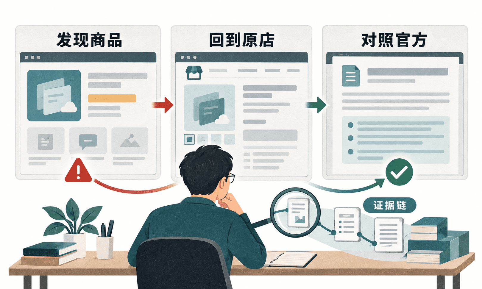 AI 订阅低价怎么核验：发现商品、回到原店、对照官方｜文章配图，按正文步骤绘制的编辑图