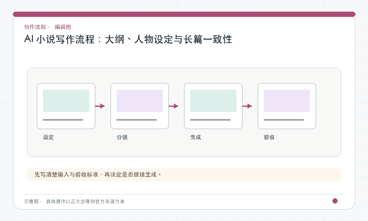 AI 小说写作流程：大纲、人物设定与长篇一致性｜文章配图，按正文步骤绘制的编辑图