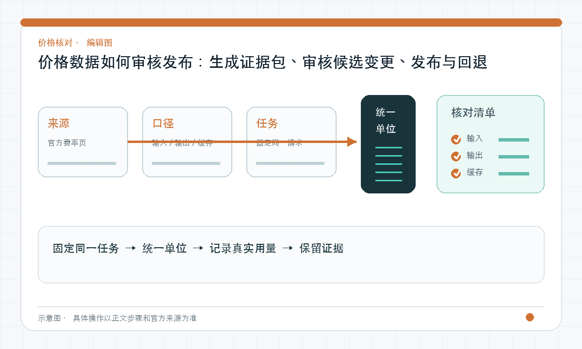 价格数据如何审核发布：生成证据包、审核候选变更、发布与回退｜文章配图，按正文步骤绘制的编辑图
