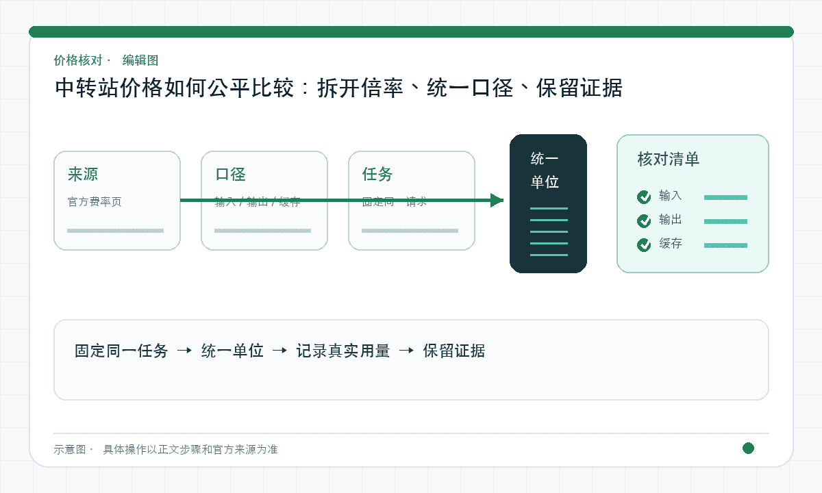 中转站价格如何公平比较：拆开倍率、统一口径、保留证据｜文章配图，按正文步骤绘制的编辑图