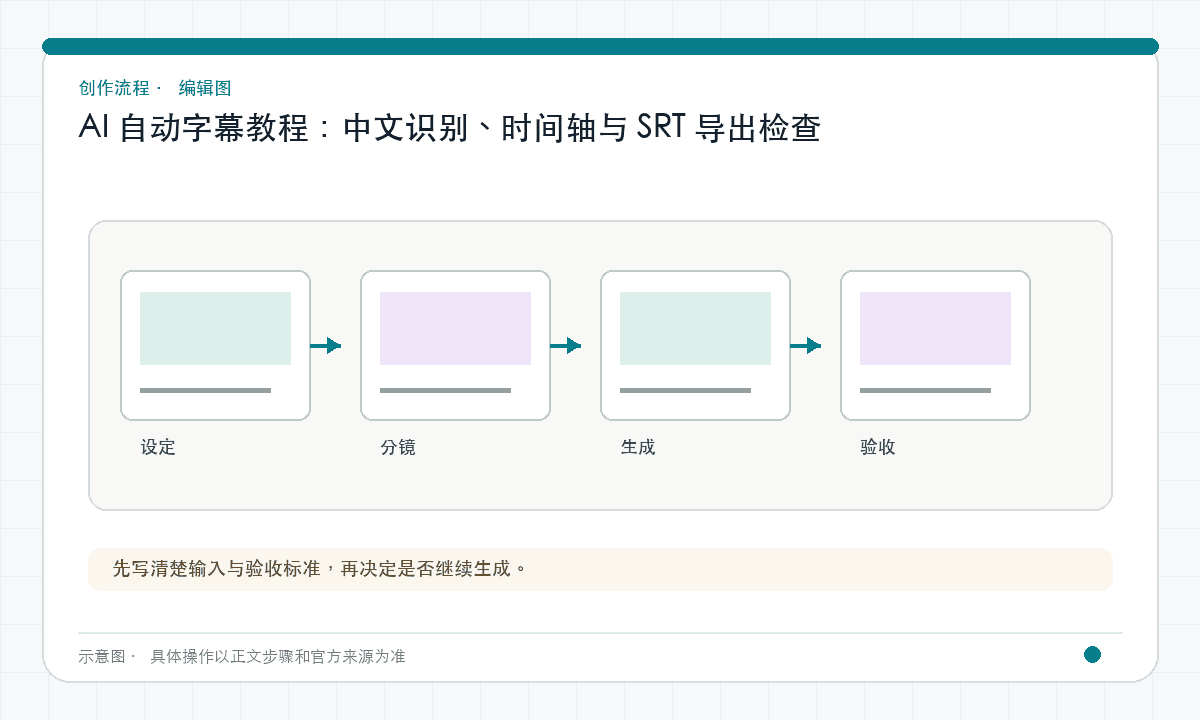 AI 自动字幕教程：中文识别、时间轴与 SRT 导出检查｜文章配图，按正文步骤绘制的编辑图