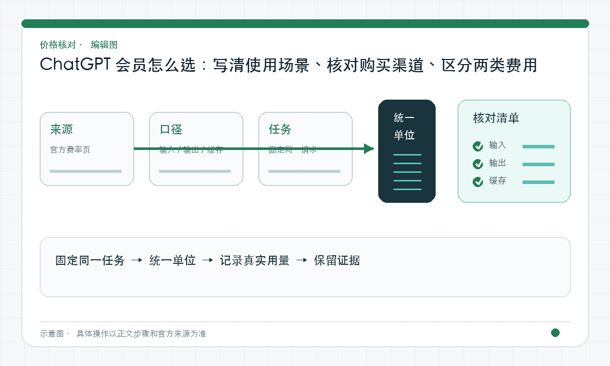 ChatGPT 会员怎么选：写清使用场景、核对购买渠道、区分两类费用｜文章配图，按正文步骤绘制的编辑图