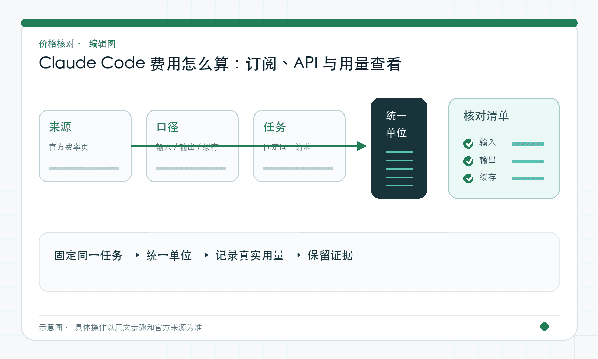Claude Code 费用怎么算：订阅、API 与用量查看｜文章配图，按正文步骤绘制的编辑图
