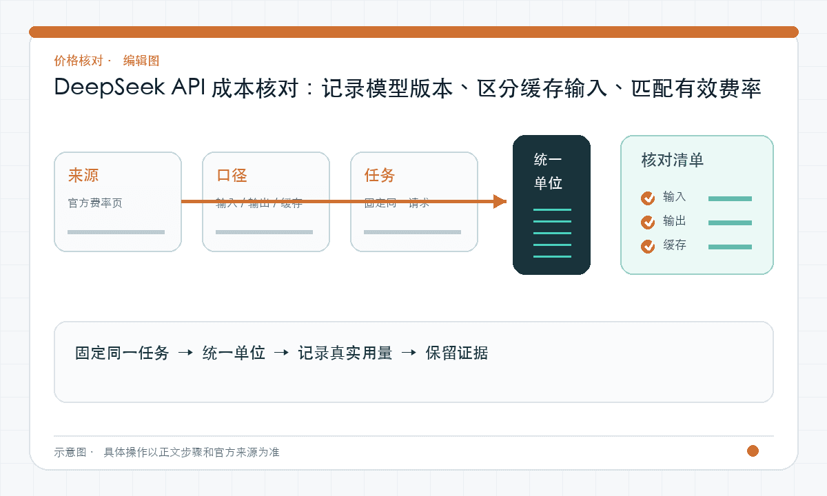 DeepSeek API 成本核对：记录模型版本、区分缓存输入、匹配有效费率｜文章配图，按正文步骤绘制的编辑图