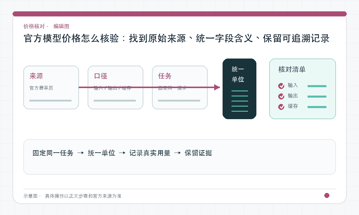 官方模型价格怎么核验：找到原始来源、统一字段含义、保留可追溯记录｜文章配图，按正文步骤绘制的编辑图