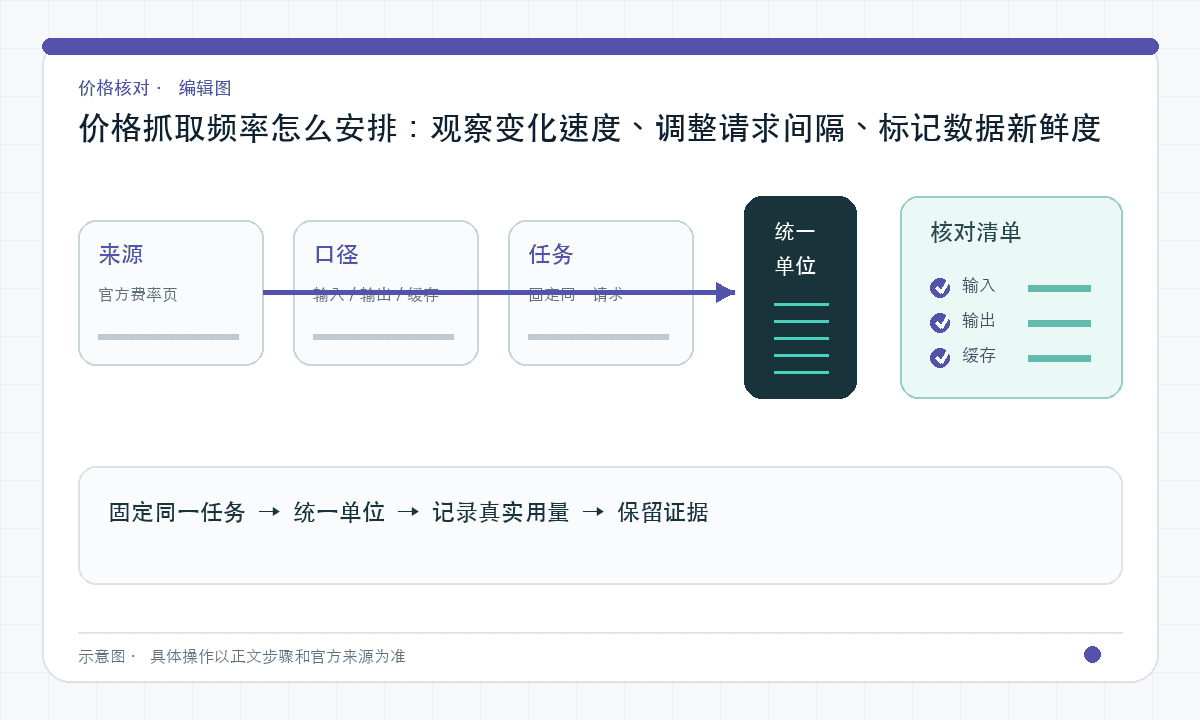 价格抓取频率怎么安排：观察变化速度、调整请求间隔、标记数据新鲜度｜文章配图，按正文步骤绘制的编辑图