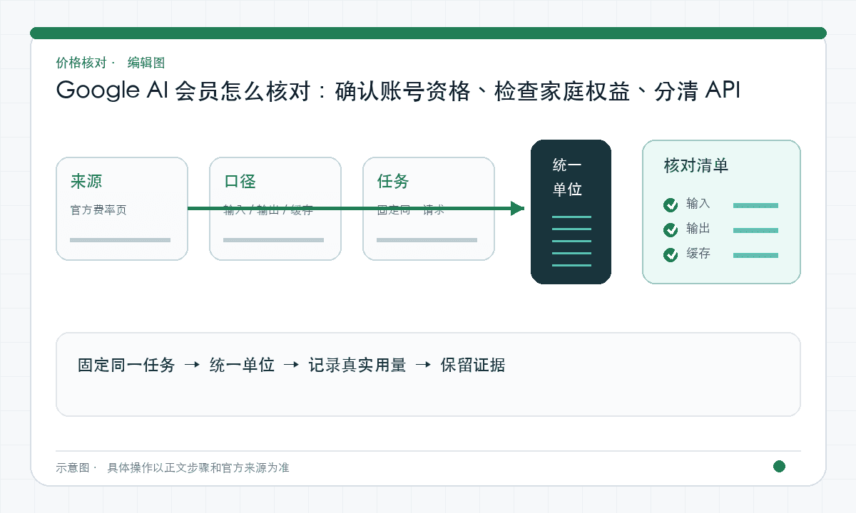 Google AI 会员怎么核对：确认账号资格、检查家庭权益、分清 API｜文章配图，按正文步骤绘制的编辑图