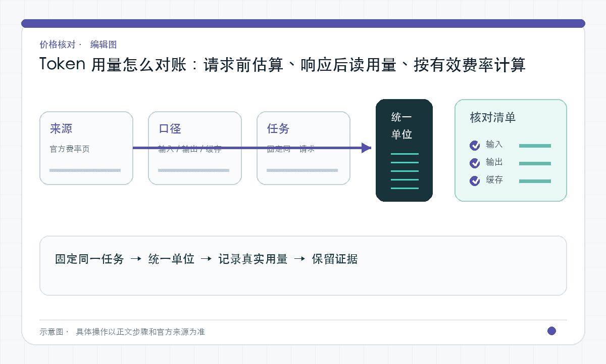 Token 用量怎么对账：请求前估算、响应后读用量、按有效费率计算｜文章配图，按正文步骤绘制的编辑图