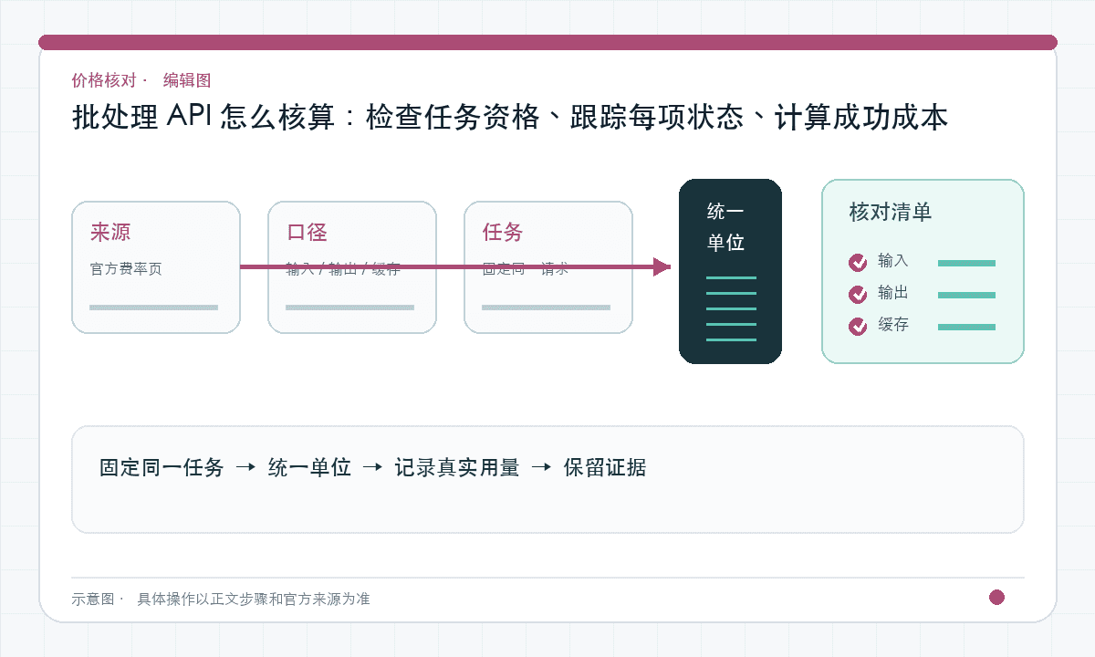 批处理 API 怎么核算：检查任务资格、跟踪每项状态、计算成功成本｜文章配图，按正文步骤绘制的编辑图