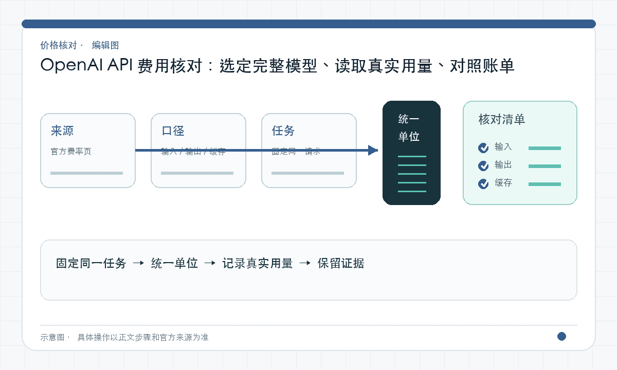 OpenAI API 费用核对：选定完整模型、读取真实用量、对照账单｜文章配图，按正文步骤绘制的编辑图