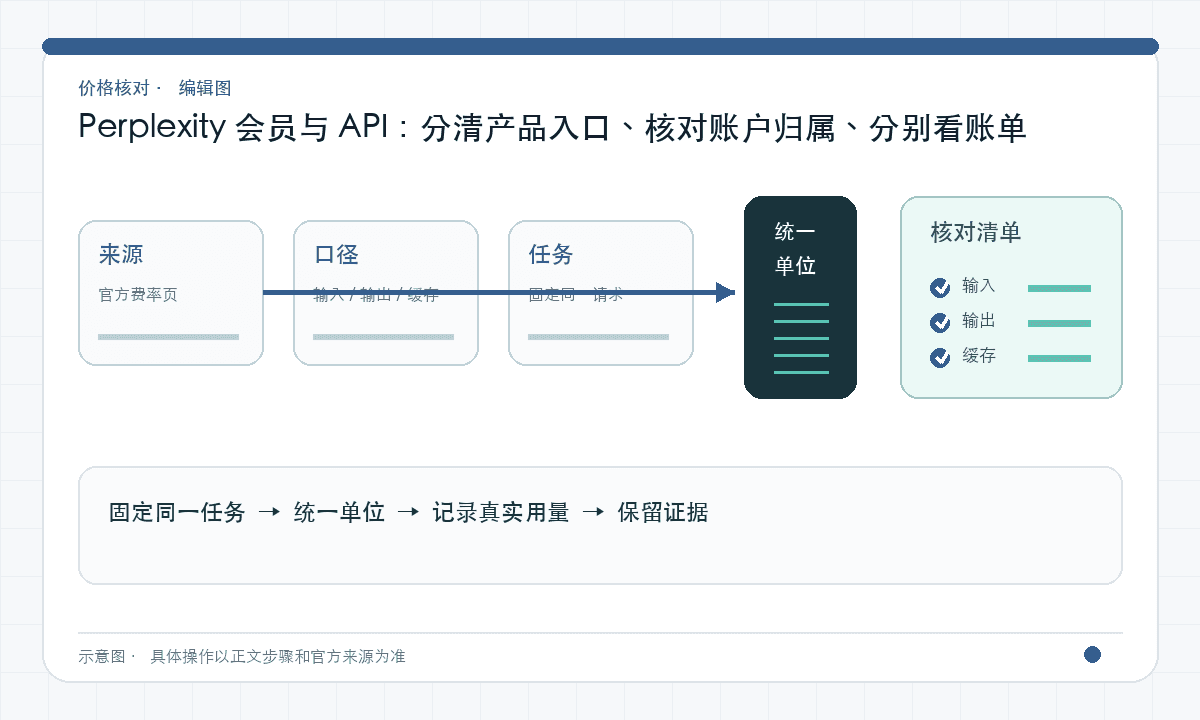 Perplexity 会员与 API：分清产品入口、核对账户归属、分别看账单｜文章配图，按正文步骤绘制的编辑图