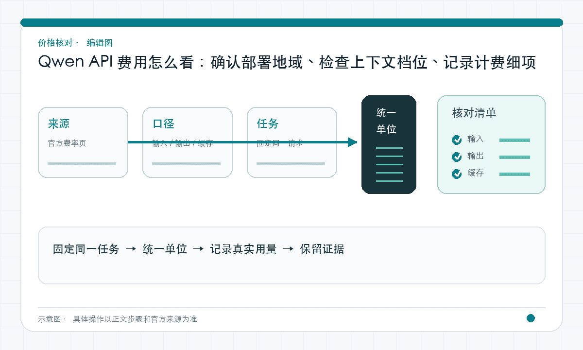 Qwen API 费用怎么看：确认部署地域、检查上下文档位、记录计费细项｜文章配图，按正文步骤绘制的编辑图