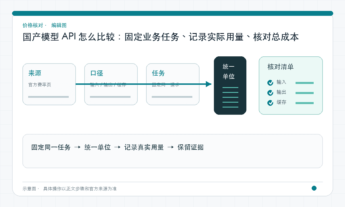 国产模型 API 怎么比较:固定业务任务、记录实际用量、核对总成本|文章配图,按正文步骤绘制的编辑图