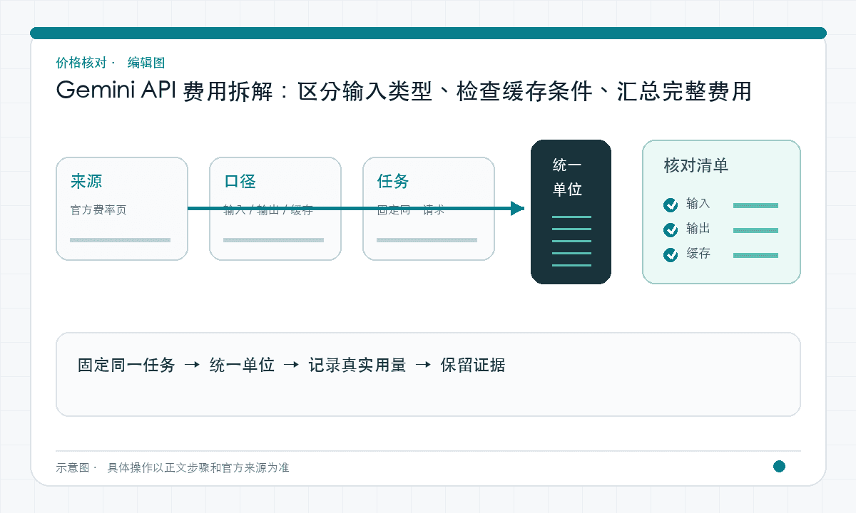 Gemini API 费用拆解:区分输入类型、检查缓存条件、汇总完整费用|文章配图,按正文步骤绘制的编辑图