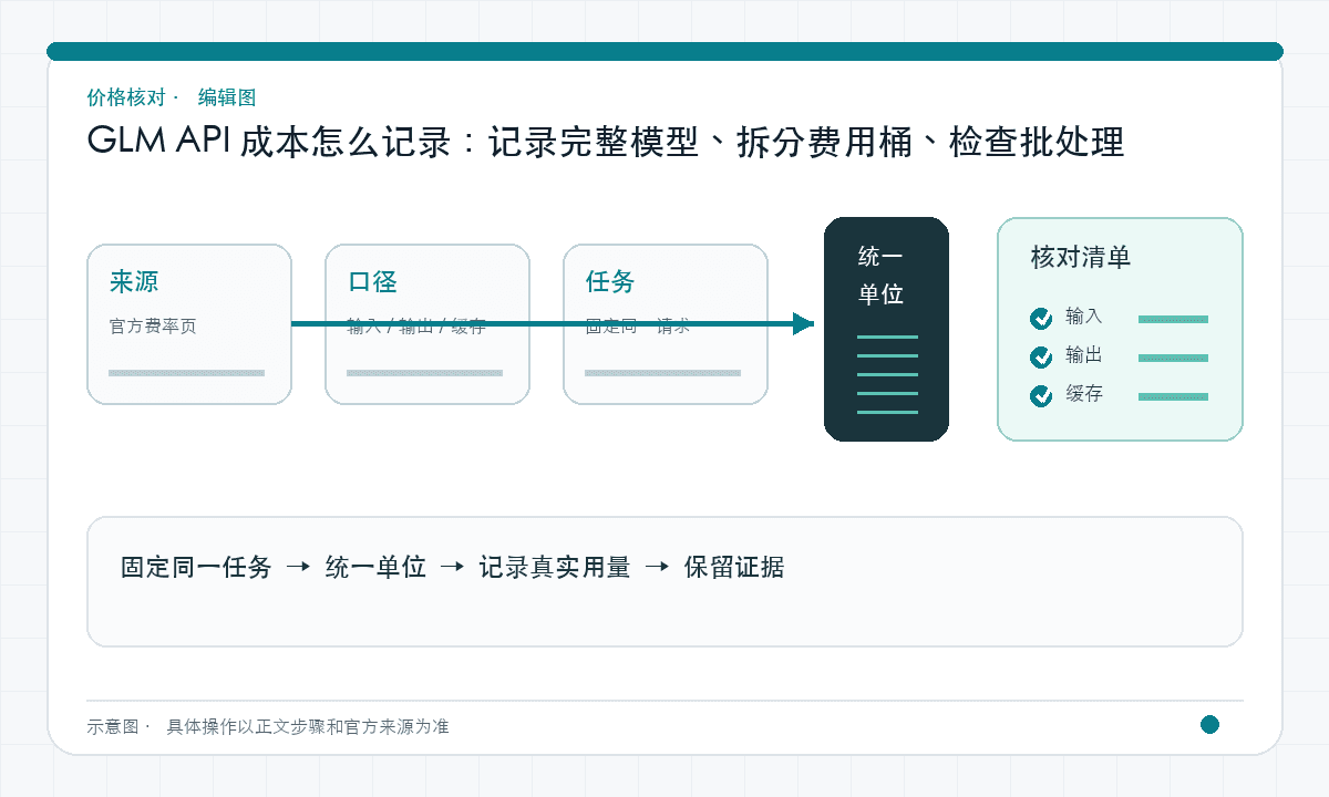 GLM API 成本怎么记录:记录完整模型、拆分费用桶、检查批处理|文章配图,按正文步骤绘制的编辑图