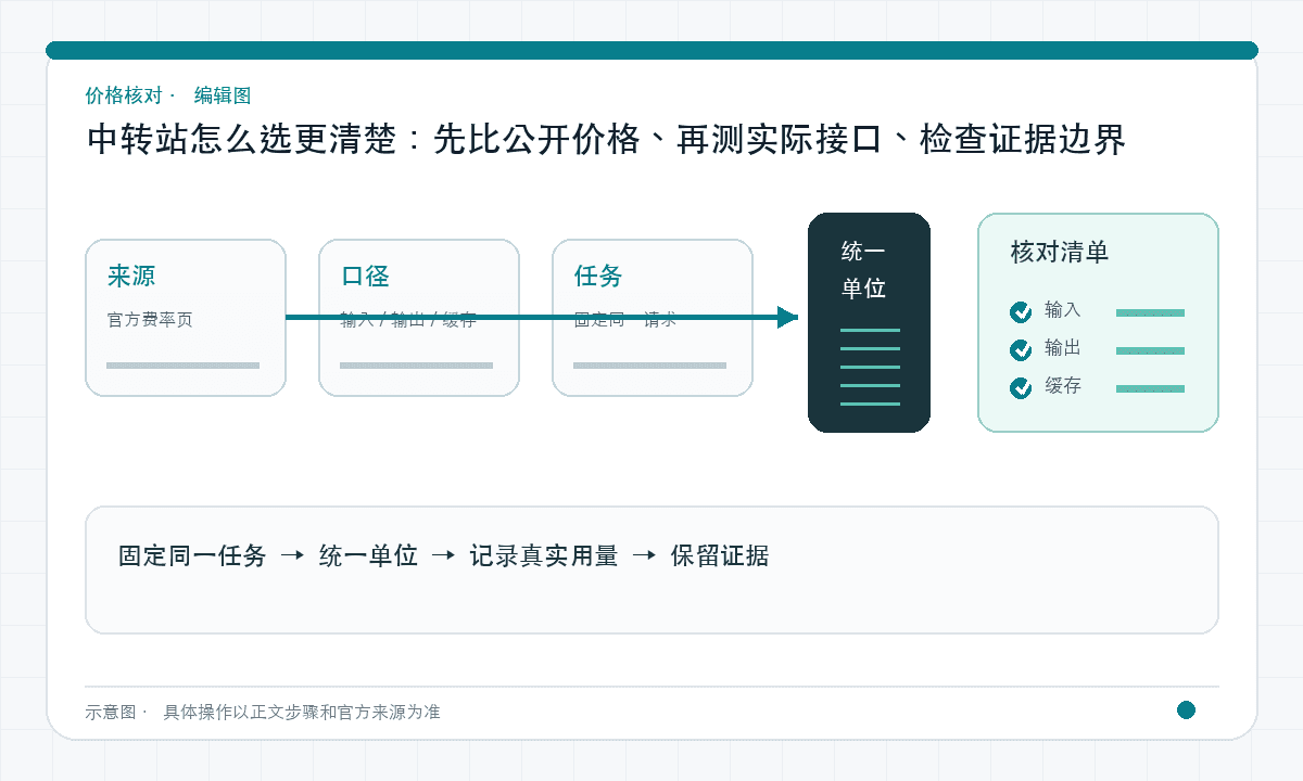 中转站怎么选更清楚:先比公开价格、再测实际接口、检查证据边界|文章配图,按正文步骤绘制的编辑图