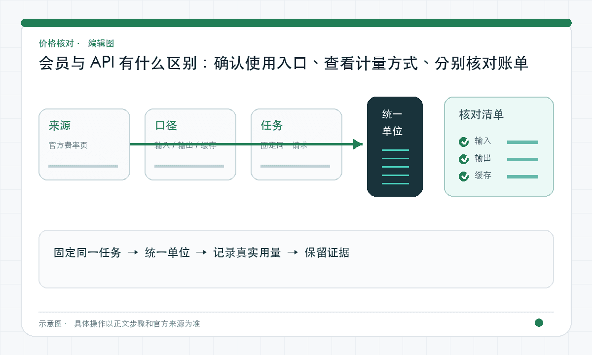 会员与 API 有什么区别:确认使用入口、查看计量方式、分别核对账单|文章配图,按正文步骤绘制的编辑图