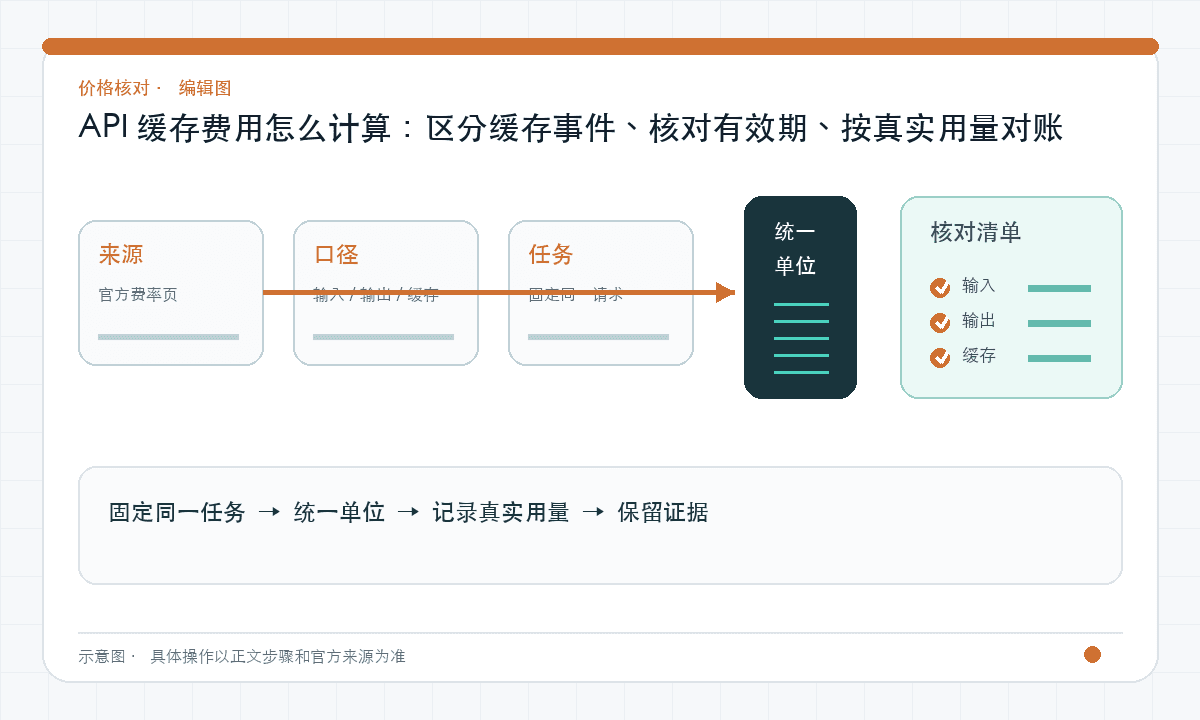 API 缓存费用怎么计算:区分缓存事件、核对有效期、按真实用量对账|文章配图,按正文步骤绘制的编辑图